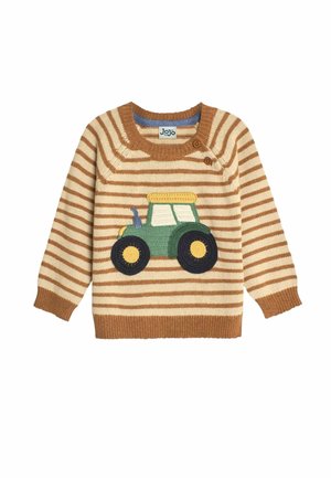 Striped sweater in beige and brown with a green tractor appliqué. Features a round neck and button detail on the shoulder. Soft knit texture.