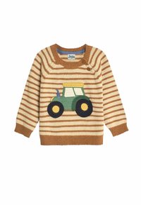 Sweter w paski w kolorze beżowym i brązowym, z naszywką w kształcie zielonego i niebieskiego traktora z przodu, o okrągłym dekolcie i ściągaczami na rękawach.