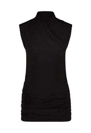Schwarzes ärmelloses Oberteil mit Stehkragen, das ein drapiertes Design und geraffte Textur an den Seiten für eine figurbetonte Erscheinung aufweist.