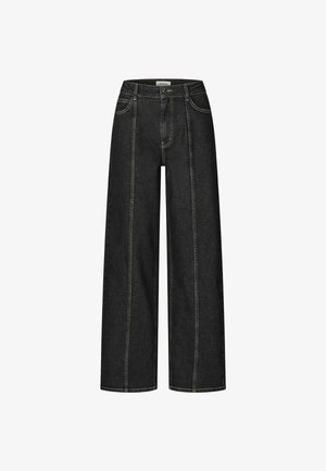 Črne široke kavbojke z visokim pasom, sprednjimi šivi, zankami za pas, žepi in sprednjo zadrgo.