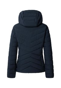 Marinblå puffjacka med chevron-quiltning, huva och långa ärmar. Slät textur och lätt lyster i tyget.