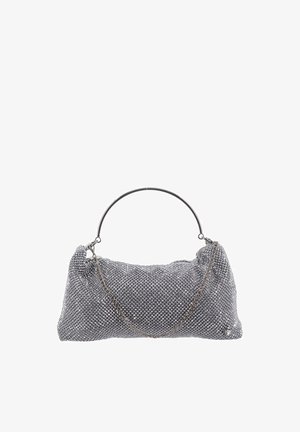 Borsa da sera in rete argentata con manico superiore arrotondato e tracolla a catena decorativa su sfondo bianco.