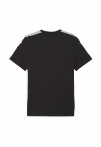 Musta lyhythihainen t-paita rentoa istuvuutta. Sisältää harmaita yksityiskohtia olkapäillä ja sileän tuntuman, sopii arkikäyttöön.