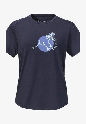 Kurzarm-Navyblaues T-Shirt aus weichem Material mit einem weißen und hellblauen Blumenmuster auf einem runden blauen Hintergrund.