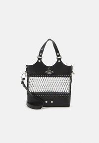 Black handbag with a mesh front, accented by colorful rhinestones. Features dual handles, detachable strap, and a logo detail. Smooth texture.