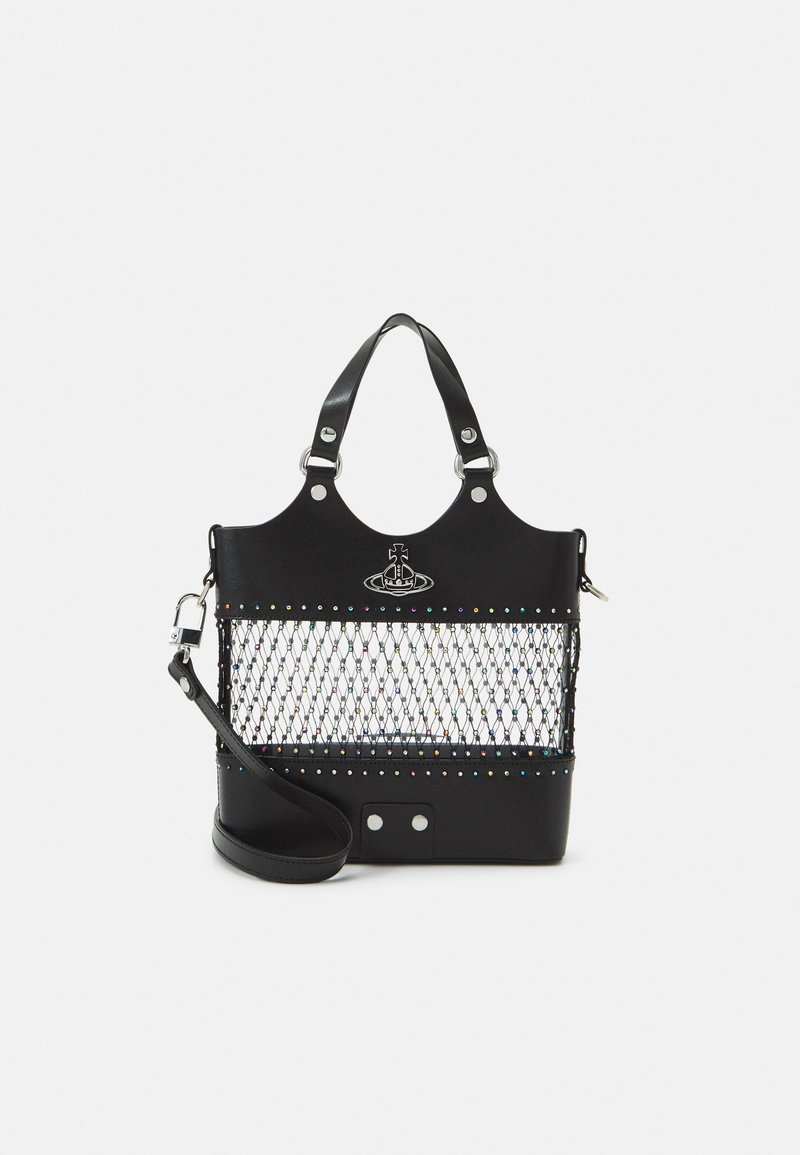 Black handbag with a mesh front, accented by colorful rhinestones. Features dual handles, detachable strap, and a logo detail. Smooth texture.