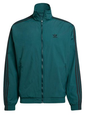 Teal zip-up jacket with high collar, black Adidas logo, and black triple stripes down sleeves; elastic cuffs and hem.