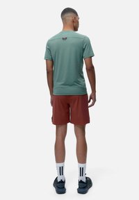 Zaļš īsām piedurknēm krekls ar taisnu piegriezumu, kombinēts ar brūnām biksēm. Modelis valkā baltas zeķes ar melnām svītrainēm un tumšus apavus.