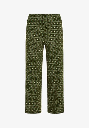 Grün gemusterte Hose mit einem Diamantdesign in Blau und Weiß. Hergestellt aus leichtem Material, mit lockerer Passform und elastischem Bund.