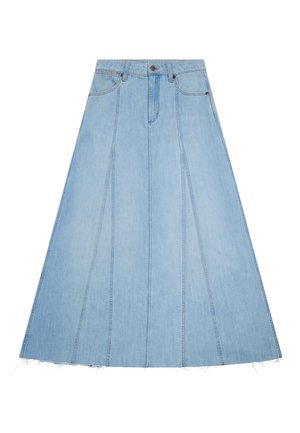 Φούστα A-line από τζιν σε ανοιχτό μπλε χρώμα με εμπρόσθιες τσέπες, θηλιές για ζώνη, κούμπωμα με κουμπί, αρμούς σε πάνελ και ατελείωτο τελείωμα.