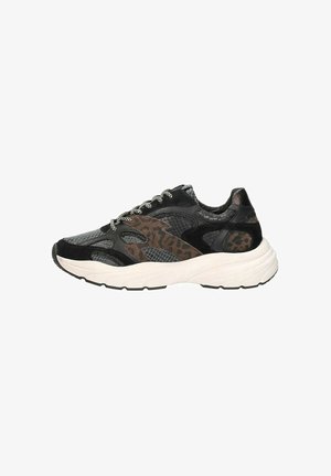 Black and brown athletic sneakers featuring a mix of textured materials, prominent mesh panels, and a thick white sole. Silver laces complete the design.