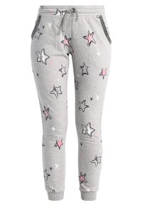 Hellgraue Jogginghosen mit elastischen Bündchen, einem Kordelzugbund, Seitentaschen mit schwarzem Rand und einem Muster aus pink- und schwarzumrandeten Sternen.