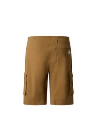 Brązowe szorty cargo wykonane z lekkiej tkaniny, z dwoma bocznymi kieszeniami, wzmocnioną talią i subtelnym logo z przodu.