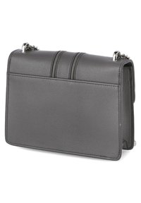 Gray textured leather handbag with a rectangular shape, featuring vertical stitching detail, silver hardware, and a chain strap.