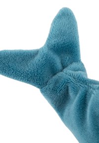 Soft plush toy in teal, featuring a tail fin with pronounced edges and a folded texture, highlighting a smooth, fuzzy surface.