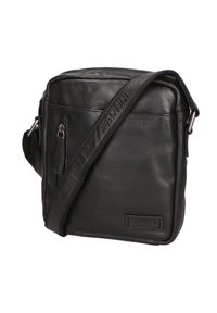 Borsa messenger in pelle nera con chiusura a zip, tracolla regolabile, tasca frontale con zip e logo del brand in rilievo sul pannello anteriore.