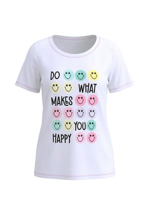 Bílá krátká halenka s barevnými smajlíky a černým textem "DO WHAT MAKES YOU HAPPY" uspořádaným v mřížce na přední straně.
