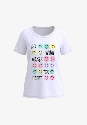 Weißes Kurzarmhemd mit bunten Smiley-Gesichtern und schwarzem Text "DO WHAT MAKES YOU HAPPY", der in einem Rastermuster auf der Vorderseite angeordnet ist.