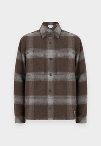 Καφέ και γκρίζο καρό φανελένιο πουκάμισο με κουμπιά, μακριά μανίκια και απαλή υφή. Διαθέτει ένα μικρό λογότυπο ραμμένο στο στρίφωμα.