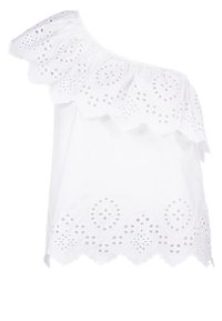 White, off-the-shoulder top with a ruffled neckline and broderie anglaise detail along the hem. Cotton fabric, lightweight texture.