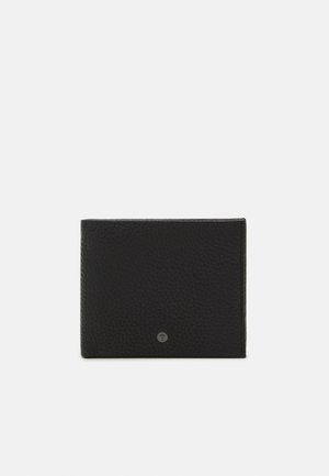 Black leather wallet with textured surface, bi-fold design, silver hardware accent in the center, and straight edges. Compact size.