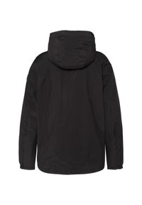 Chaqueta aislante negra con capucha, que presenta un exterior liso, puños elásticos y un corte holgado. Diseño minimalista sin hardware visible.