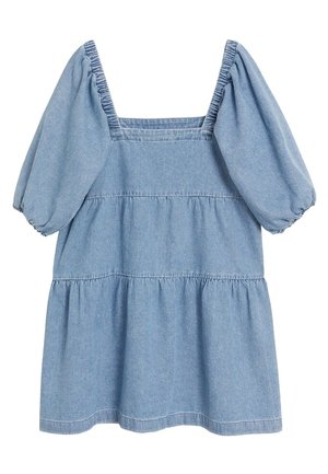 Lyseblå denim kort kjole med puffede albuelange ærmer og en firkantet halsudskæring med rynket kant.