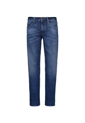 Donkerblauwe spijkerbroek met een rechte pasvorm, vijf zakken en een lichte vervaagde textuur. Bevat een knoop- en ritssluiting bij de taille.