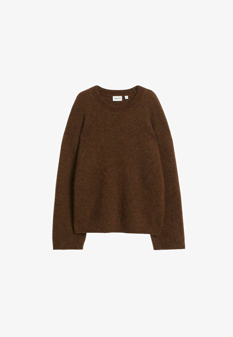 Brauner Pullover aus weichem Strickmaterial, mit rundem Ausschnitt und langen Ärmeln, in entspannter Passform und mit minimalen Details.