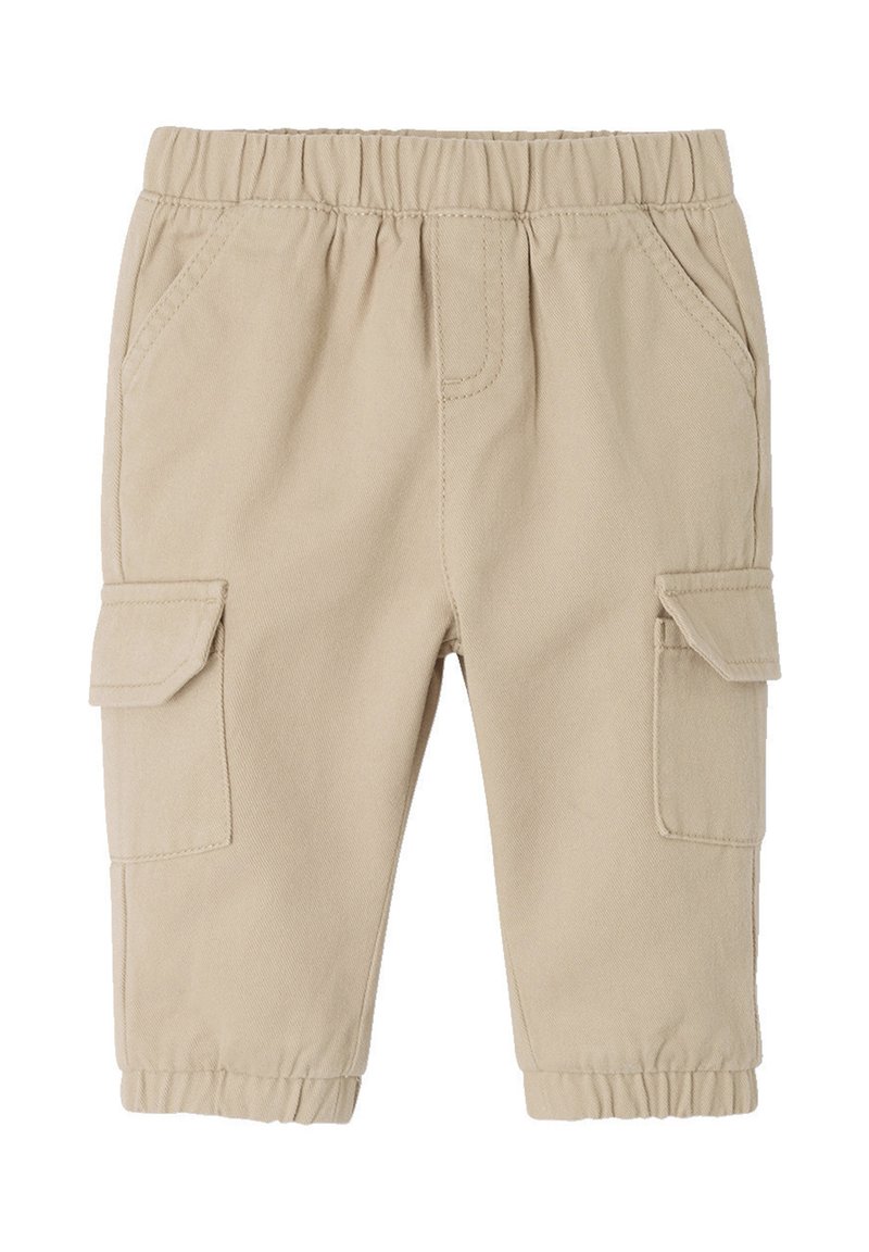 Beige Cargo-Hosen mit elastischem Bund, zwei Seitentaschen und zwei Cargotaschen mit Klappen. Hergestellt aus weichem, strapazierfähigem Stoff.