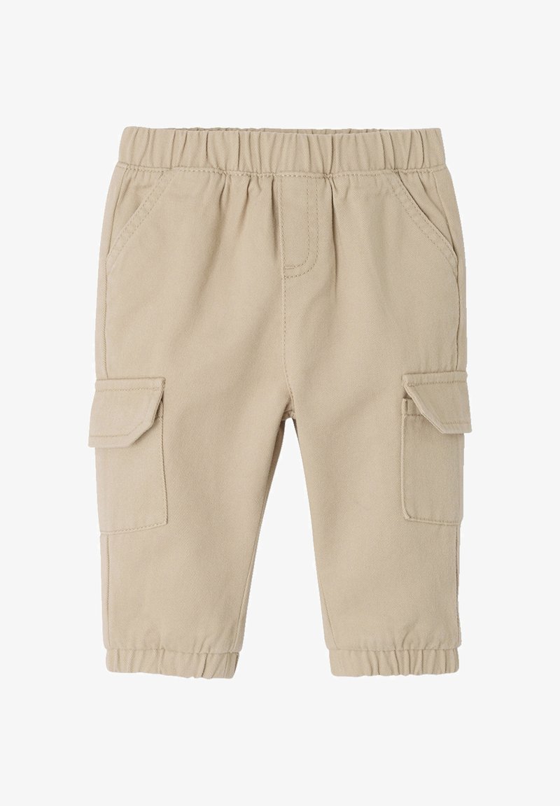 Beige Cargo-Hosen mit elastischem Bund, zwei Seitentaschen und zwei Cargotaschen mit Klappen. Hergestellt aus weichem, strapazierfähigem Stoff.