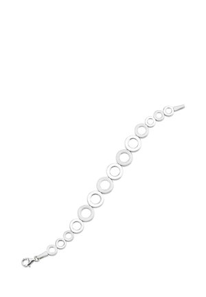 Bracelet en argent comportant une série de cercles de tailles variées, avec une finition lisse et une fermeture à fermoir à une extrémité.