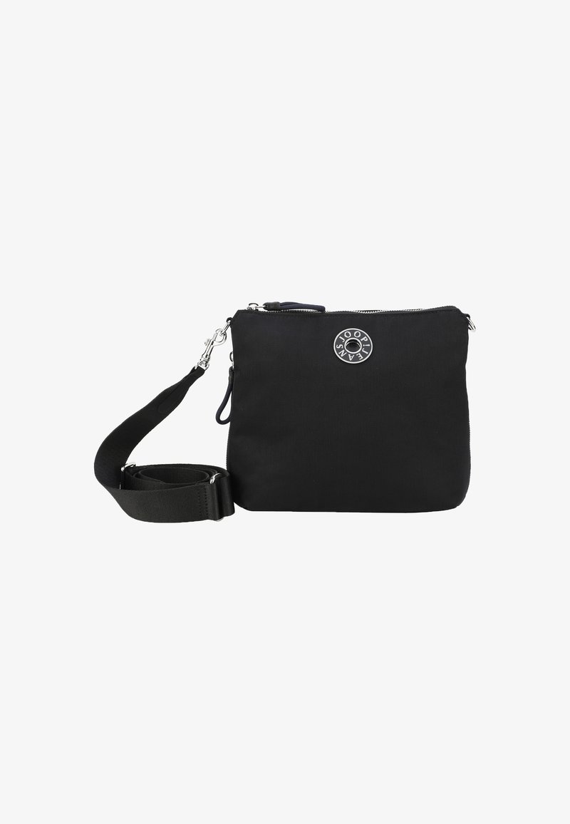 Svart nyloncrossbody-väska med rektangulär form, silverfärgad dragkedja och ett runt logotypaccent. Har en justerbar rem för ökad bekvämlighet.