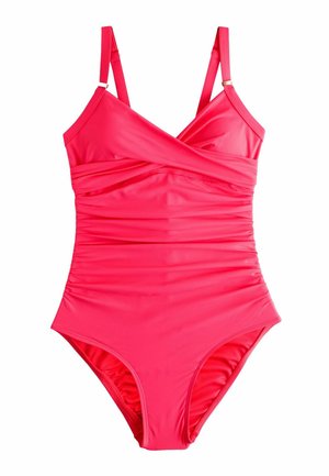 Maillot de bain en rose vif, présentant un design croisé, une texture froncée, des bretelles ajustables et une coupe mi-cuisse. Tissu lisse et extensible.