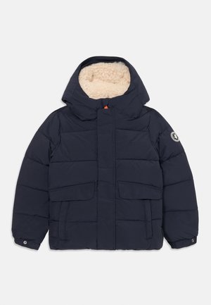 Navy puffer jacket with a faux fur-lined hood, two large front pockets, and elastic cuffs. Features a central zipper for closure.