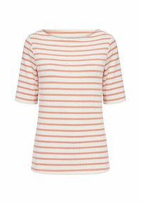 T-shirt rayé en crème et corail, avec des manches courtes et une encolure large. Fabriqué en tissu côtelé avec une texture lisse.