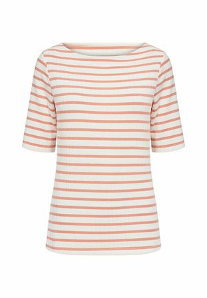 T-shirt a righe nei colori crema e corallo, con maniche corte e scollo ampio. Realizzata in tessuto a coste con una texture liscia.