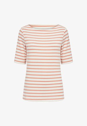 Striped t-shirt in cream and coral colors, with short sleeves and a wide neckline. Made from ribbed fabric with a smooth texture.