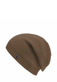 Brown knit beanie with a soft texture, slouchy design, and a ribbed bottom. Features a circular logo in black and red on the side.