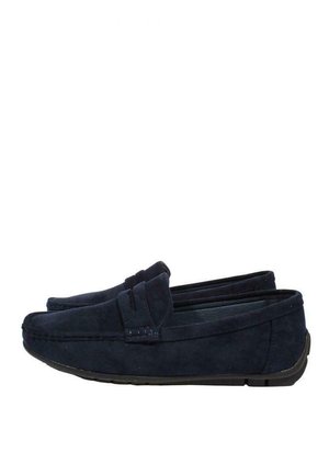 Mocassini in suede blu navy con design a punta rotonda, cuciture decorative e suola in gomma piatta per il comfort. Stile minimalista senza abbellimenti.