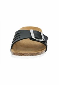 Black leather slide sandal with a silver buckle, cork footbed, tan suede insole, and a white rubber outsole. Features slotted strap design.