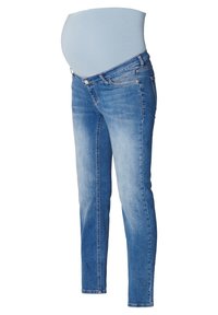 Těhotenské džíny v světle modrém denimu, slim fit s elastickým panelem na bříško pro pohodlí a nastavitelným pasem, s viditelným vybledlým vzhledem.
