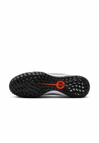 Black rubber outsole with textured surface, featuring an orange accent and logo. Smooth upper with a light color, designed for performance.