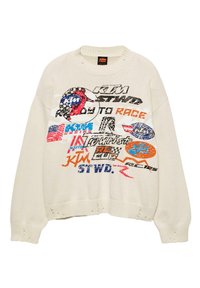 Maglione lavorato a maglia beige con loghi e testo multicolore KTM racing, caratterizzato da fori consumati sui polsini e orlo.