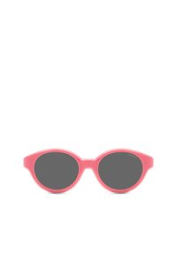 Occhiali da sole rosa in plastica con lenti ovali e una montatura liscia e leggera. Presentano lenti oscurate e un design arrotondato, leggermente oversize.