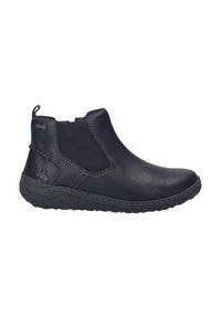 Botte Chelsea en cuir noir avec panneau latéral élastique, languette au talon, semelle robuste et détails subtils cousus.