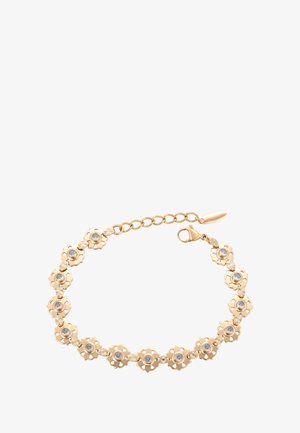 Bracciale in oro con maglie a forma di fiore, ciascuna incastonata con una pietra preziosa rotonda e trasparente, e chiusura a moschettone con catena di estensione.
