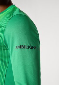 Giacca sportiva verde con tessuto testurizzato, caratterizzata da righe verticali e branding "AMBI LIGHT" nero sulla manica sinistra.