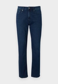 Jeans drept cu picioare din denim de un albastru închis, echipați cu cinci buzunare, brâie pentru curea și închidere cu buton metalic la talie. Textură netedă și design clasic.