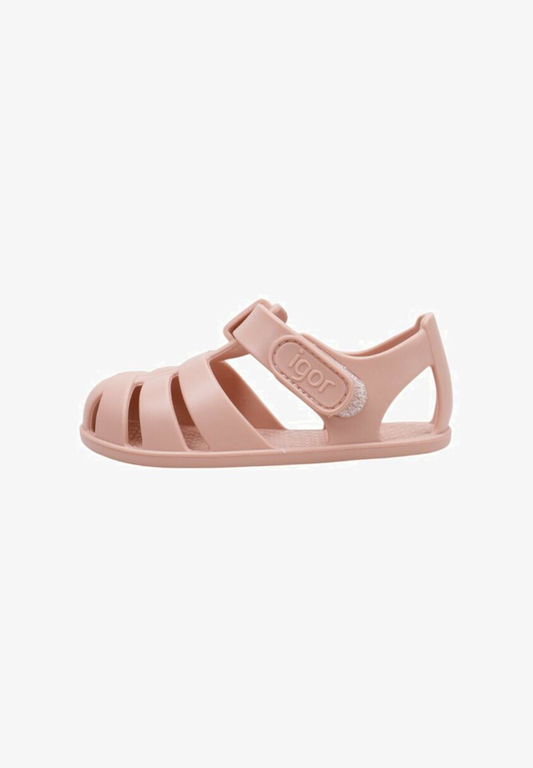 Pink rubber sandal with open design, featuring adjustable strap and logo detail. Striped upper and textured sole for grip.